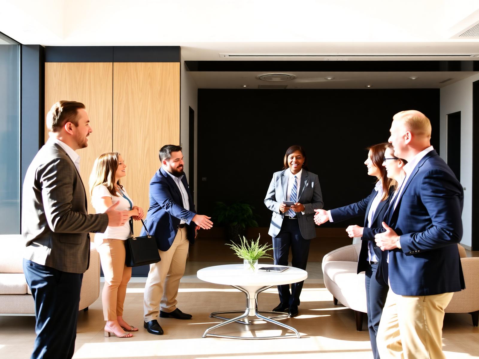 Texas business professionals meeting and shaking hands in a modern office lobby